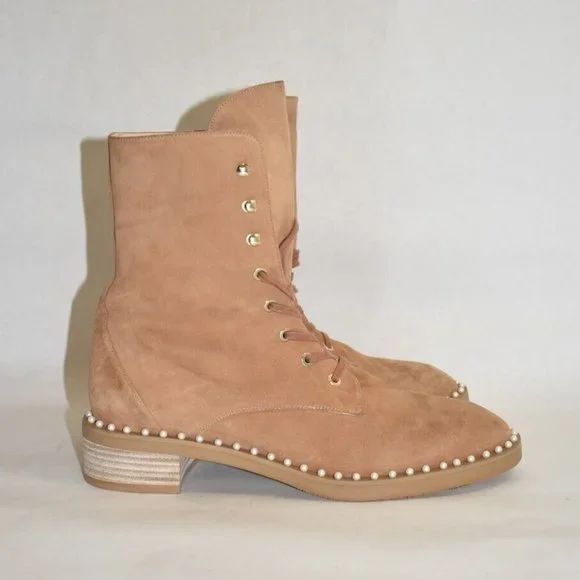 $750 STUART WEITZMAN Sondra Pearl Combat LACE UP Boot SUEDE TAN 9.5 (PA15)